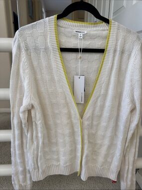 Minnie Rose White Open-Front Knit Cardigan with Lemon Trim